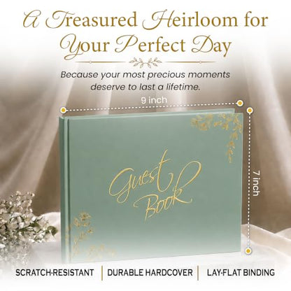 Wedding Guest Book, 100 Blank Pages, 9×7" Gold Foil Hardcover - color: Green