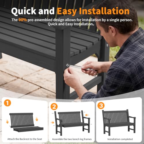 2-Person Outdoor Bench with 700 Lbs Weight Capacity, Black | Poly Lumber Weatherproof Garden Bench Seating for Porch, Balcony and Park, All-Weather Patio Bench Furniture - color: Black