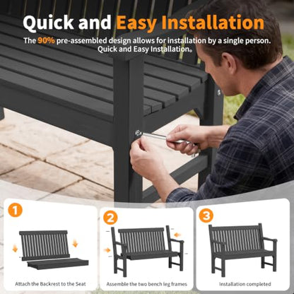 2-Person Outdoor Bench with 700 Lbs Weight Capacity, Black | Poly Lumber Weatherproof Garden Bench Seating for Porch, Balcony and Park, All-Weather Patio Bench Furniture - color: Black