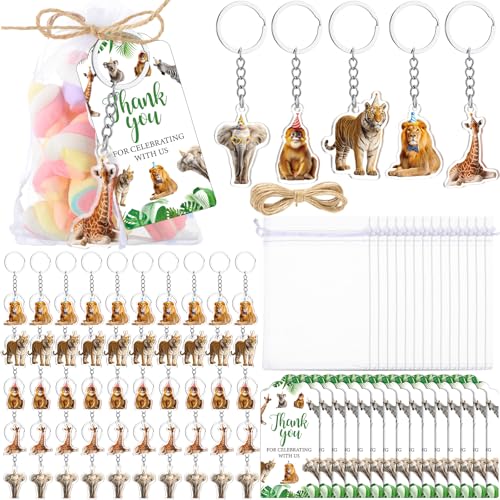 Equsion 50 Sets Jungle Safari Party Favors Zoo Animals Theme Acrylic Keychain with Organza Bags and Thank You Tags for Wild One Party Baby Shower Birthday Supplies Gifts - style: Forest Animals