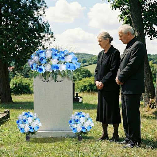 3 PCS Artificial Cemetery Flowers for Grave, Headstone Flower Saddle - color: Blue and White
