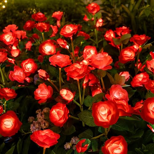 Anordsem Solar Garden Lights Outdoor: Waterproof Fabric Roses - Red LED Flower Decorations for Yard Patio Path Cemetery Grave - Birthday Gifts for Women Mom Wife - 6 Pack Red - color: Red, size: 6 Pack