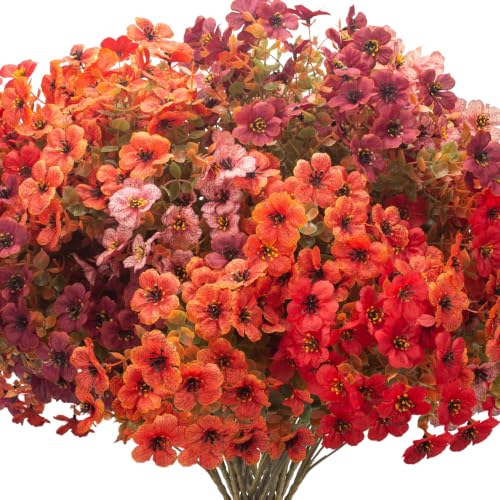 16 Bundles UV Resistant Artificial Fall Mums Outdoor Flowers Autumn Decor | UV coating fade-proof silk plastic, all weather suitable for porch, patio, yard outdoor decor - color: Orange Mix
