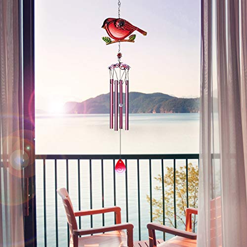 Evealyn Outdoor Red Cardinal Bird Wind Chimes, Indoor Stained Glass Metal Tubes Music Beautiful Windchimes Hanging for Room,Balcony,Window, Garden,Yard, Patio,Lawn Creative Home Decoration (Red)