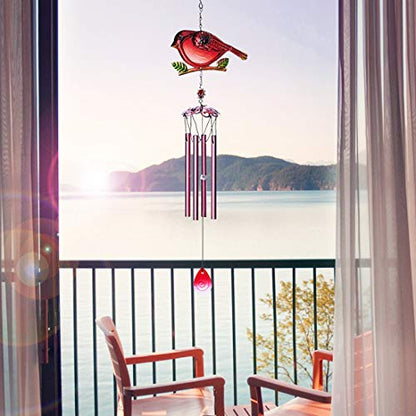Evealyn Outdoor Red Cardinal Bird Wind Chimes, Indoor Stained Glass Metal Tubes Music Beautiful Windchimes Hanging for Room,Balcony,Window, Garden,Yard, Patio,Lawn Creative Home Decoration (Red)