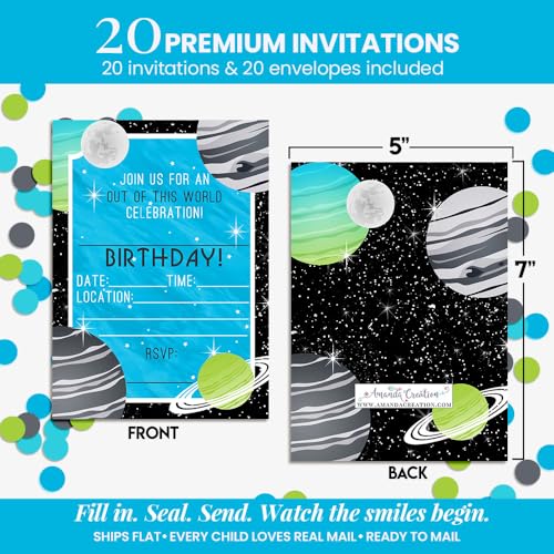 Space Invites – Outer Space Birthday Invitations for Kids, 20 5x7 Fill In Cards with Twenty White Envelopes for Your Outer Space Birthday by AmandaCreation - style: Space Invites