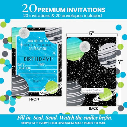 Space Invites – Outer Space Birthday Invitations for Kids, 20 5x7 Fill In Cards with Twenty White Envelopes for Your Outer Space Birthday by AmandaCreation - style: Space Invites