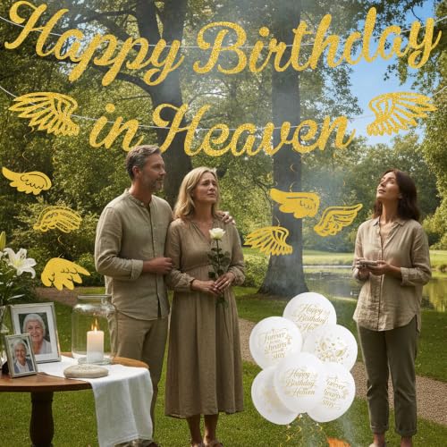 Happy Birthday in Heaven Decorations, Gold Glitter Heavensent Banner Set | Pre-strung Banners, Angel Wings Hanging Swirls Cake Topper White Balloons, Funeral Remembrance Heavenly Party Supplies - color: Gold
