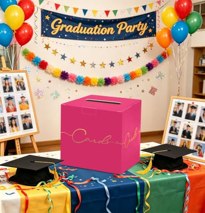 HEIPINIUYE Hot Pink Wedding Card Box with Gold Foil 9.8" x 9.8" Pink Large Gift Card Box for Party Wedding Reception Graduation Birthday Baby Shower Cardboard Raffle Envelope Box with Slot - color: Hot Pink Card Box with Gold Foil