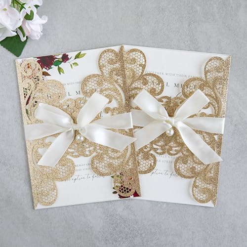 20Pcs Gold Glitter Laser Cut Wedding Invitation Cards With Envelopes - color: Gold Glitter