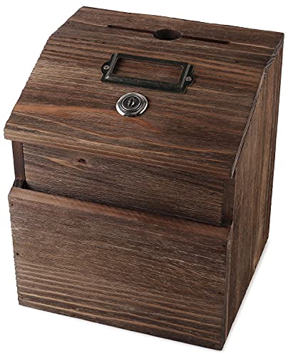 Wood Charity Donation collection Box Office suggestion Ballot Box With wide slot for envelopes and suggestion comment forms, Pocket and Locking Hinged Lid & Pen for Table Or Countertop(Rustic-Brown) - color: Rustic-Brown