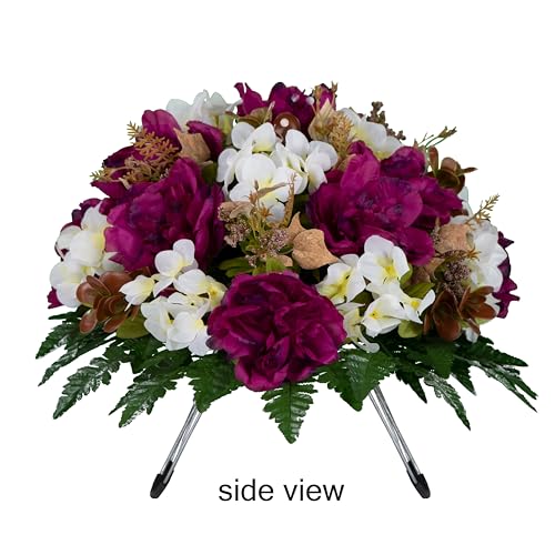 Artificial Cemetery Flowers - Grave Decoration - Fall Arrangement - 30" Long Plum Peony and White Hydrangea Saddle for Loved One's Headstone - size: Saddle
