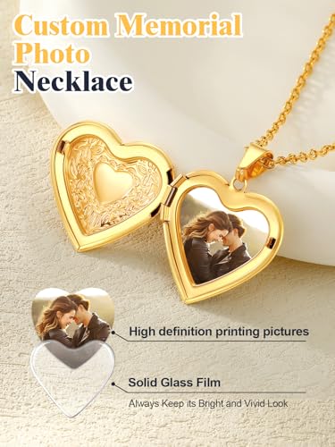 U7 Women Locket Necklace, Heart Photo Lockets Hold Picture, Gift Box Packed | Gold/Silver/Rose Locket Charm, Custom Picture and Engravement Heart Pendant, 20" Chain, Personalized Gift for Mom Wife Friend - color: gold