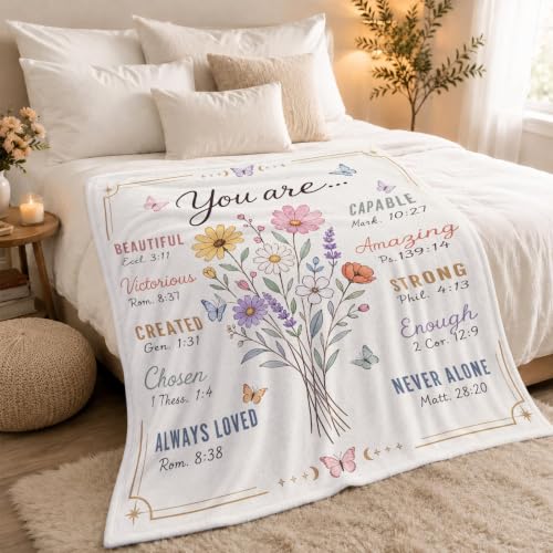 Christian Inspirational Blanket, 50×60in Soft Faith Flannel Blanket | "You Are..." with Floral Bible Verse Design Encouraging Message, Gift for Women, Mom, Daughter, Birthday & Christmas - color: Christian Blanket-02