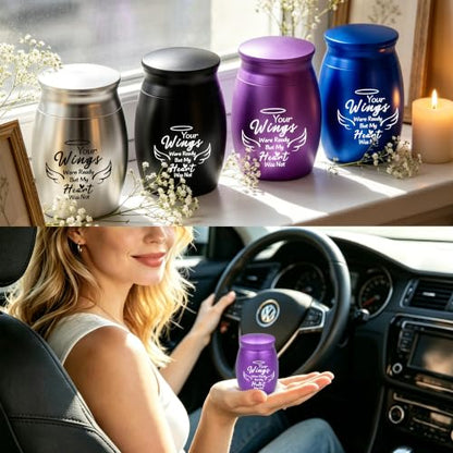 Set of 4 Small Keepsake Urns for Ashes, Angel Wings Design, Mix | Aluminum construction, Secure screw lid, Individual velvet bags, Sharing keepsakes, Travel friendly, Human or pet remembrance - color: Multicolor