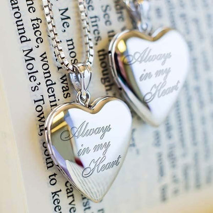 PicturesOnGold.com Personalized Always in My Heart Silver Or Gold Heart Locket Pendant Necklace Jewelry Gifts for Men & Women - 3/4 Inch X 3/4 Inch - Includes 18 inch Cable Chain - style: Silver - Locket + 2 Photos + Engraving