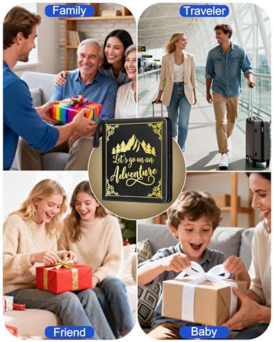 Adventure Leather Photo Album 4x6 200 Photos, DIY Scrapbook with 50 Sheets and 20 Blank Kraft Sheets, Travel Souvenir Diary Photo Book for Family Wedding Baby and Holiday Pictures - color: Black-text
