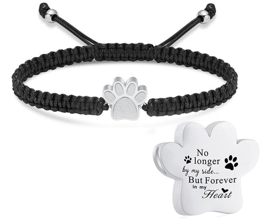 Hearbeingt Paw Print Urn Bracelet for Ashes Pet Cremation Jewelry | Stainless Steel,Adjustable Braided Rope,Mini Ash Holder for Dog Cat,Memorial Keepsake Jewelry, Bereavement Gift Pet Loss - color: B-silver