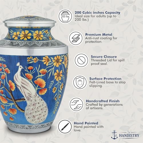 Elegant Peacock Cremation Urn for Human Ashes Adult – Blue Floral Memorial Urn for Men & Women, Handcrafted Metal Funeral Urn, Secure Lid, 200 Cubic Inches - size: 10.1 Inch
