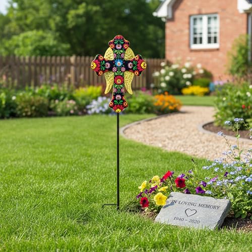 Solar Cross Lights with Angel Wings, Pink and Gold Floral Design, Memorial Garden Stake, Warm White LED, Weather Resistant, 36 Inch - color: Pink and Gold Floral