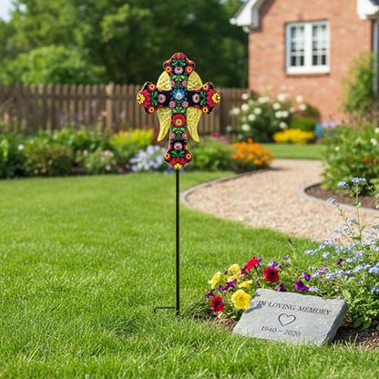 Solar Cross Lights with Angel Wings, Pink and Gold Floral Design, Memorial Garden Stake, Warm White LED, Weather Resistant, 36 Inch - color: Pink and Gold Floral