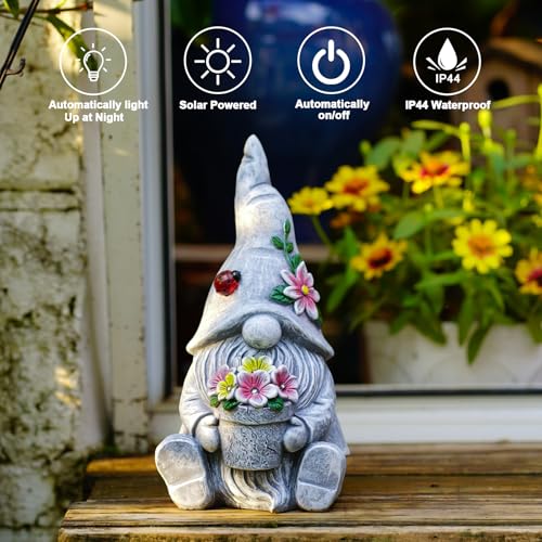 Goodeco Solar Sitting Gnome with LED Flower Light Garden Decor - color: Gray Gnome