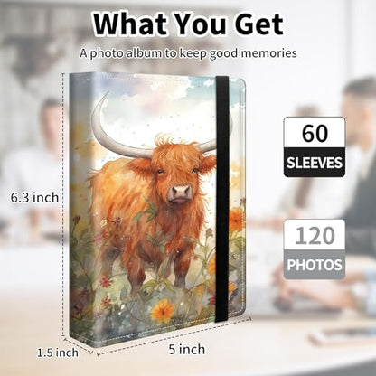 Photo Album 4x6 120 Pockets Photos with Elastic Band, Cute PU Leather Photo Books Small Mini Capacity Picture Album for Family Wedding Travel Anniversary Baby Vacation Pictures, Highland Cow - color: Highland Cow