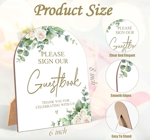 White Rose Please Sign Our Guestbook Sign, Wedding Ceremony Signs, 6 x 8 Inch Arch Wooden Tabletop Sign with Stand, Wedding Reception Decoration Supplies (BJ02) - color: Please Sign Our Guestbook