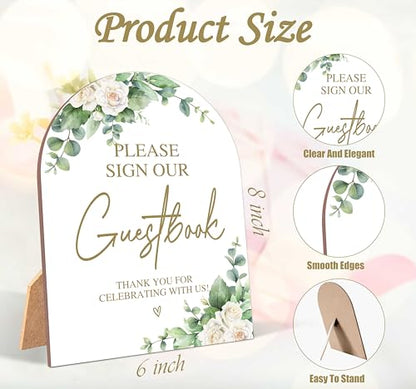 White Rose Please Sign Our Guestbook Sign, Wedding Ceremony Signs, 6 x 8 Inch Arch Wooden Tabletop Sign with Stand, Wedding Reception Decoration Supplies (BJ02) - color: Please Sign Our Guestbook