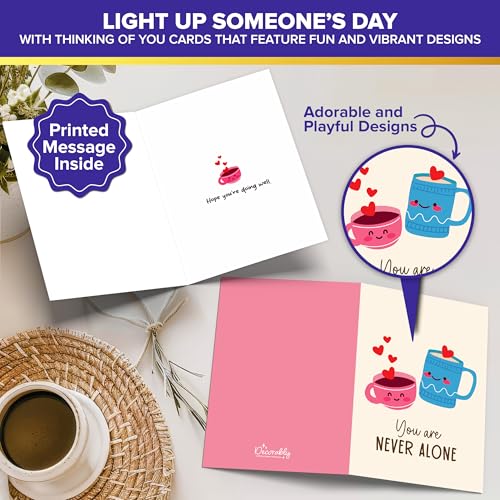 Decorably 50 Pack Bulk 5x7in Thinking of You Cards with Envelopes | Stickers, 50 Adorable Folded Designs for Women & Loved Ones, Printed Message Inside - Thoughtful Notes, Gifting, Mailing