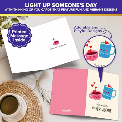 Decorably 50 Pack Bulk 5x7in Thinking of You Cards with Envelopes | Stickers, 50 Adorable Folded Designs for Women & Loved Ones, Printed Message Inside - Thoughtful Notes, Gifting, Mailing