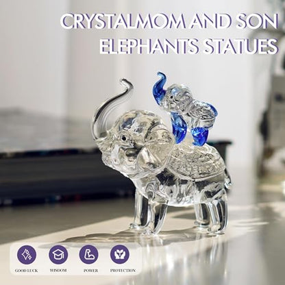 Crystal Elephant Figurines Glass Elephants Gifts for Women | Mom and Son Elephants Collectible, Home Office Tabletop Decor, Mother's Birthday Gifts, Glass Collectibles - style: mom-son(blue)