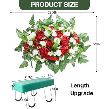 Headstone Flowers – Artificial Cemetery Flowers for Grave, Artificial Red Roses and Chrysanthemums Mixed - Easy to Install Cemetery Flowers for Grave Saddle - color: Red+white