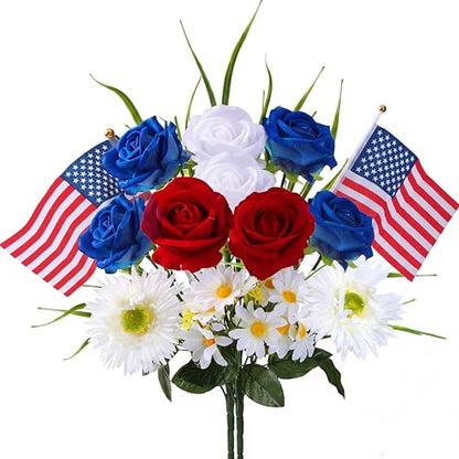 Sggvecsy 2 Pcs Patriotic Artificial Flowers Memorial Bouquet Fake Red Blue Cemetery Flowers with American Flags Roses Daisy for Grave 4th of July Memorial Day Independence Day Veterans Decoration