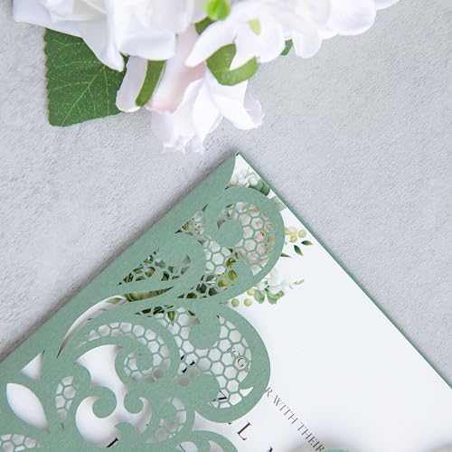 20Pcs Sage Green Laser Cut Wedding Invitation Cards With Envelopes - color: Sage Green