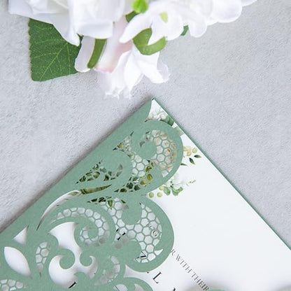 20Pcs Sage Green Laser Cut Wedding Invitation Cards With Envelopes - color: Sage Green