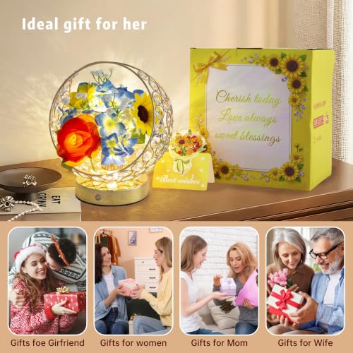 Birthday Gifts for Women,Rose Hydrangea Sunflowers Flower Lamp - color: Blue