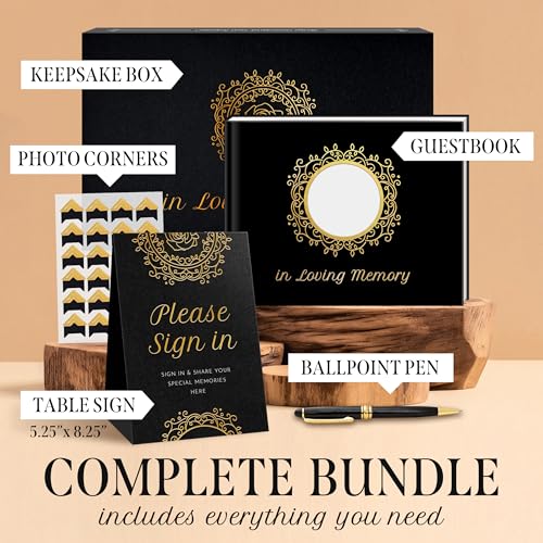 Funeral Guest Book – Black Memorial Guest Book for Funeral, “in Loving Memory” Gold Foil Sign in Book, Photo Slot Cover, 120 Pages, Pen & Stand Included