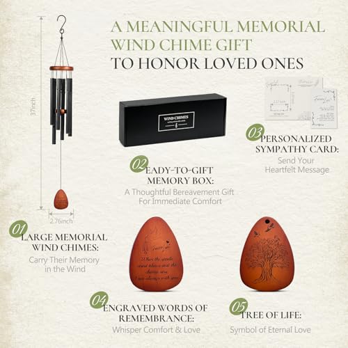 37" Memorial Wind Chimes for Loss of Loved One | Sympathy & Bereavement Gift for Mom, Dad, Husband, Grandparents, Loss of Loved One, with Sympathy Card, Deep Soothing Tone - size: 37 inch-Teardrop shaped