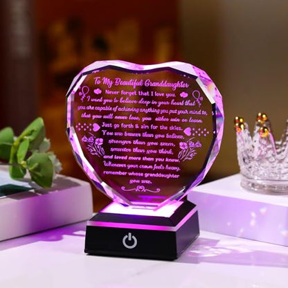Arikyrist Crystal Heart Keepsake Granddaughter Gifts from Grandma Grandpa | Granddaughter Birthday Present Plaque, on Christmas Wedding Graduation Mothers Day Valentines Day, LED Light Base, Room Decor - color: Granddaughter