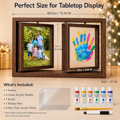 Family Handprint Frame Kit, Dual Rotating Photo & Handprint Display, DIY Keepsake Craft with Wooden Frame, Non-Toxic Paints, Baby Hand & Footprint Kit, Gift for Grandparents & New Parents (Brown) - color: Brown Frame, size: Dual Spin - Handprint & photo