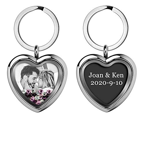 Custom Photo Text Engraved Heart Floating Living Locket Crystal Pendant Keychain - color: Purple - 1 Photo Engraving+ 1 Message Engraving
