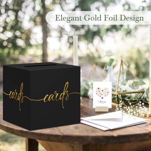 Black Card Box with Gold Foil Design, Paperboard 8.7" Gift Card Holder for Wedding Graduation Birthday Party Reception Retirement Anniversary Bridal & Baby Shower - color: Black Card Box with Gold Foil, size: 8.7×8.7×8.7Inch(1 Pack)