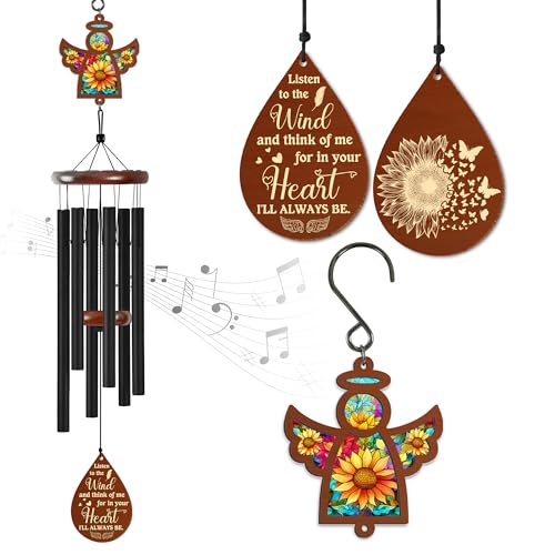 FLAGWIX Sympathy Gifts for Loss of Loved One - Memorial Angel Wind Chimes 32" for Outside - Remembrance & Bereavement Gift Ideas, Condolence Memorial Gifts for Loss of Mom Dad, Ideal for Funeral - color: Black Sunflower Angel