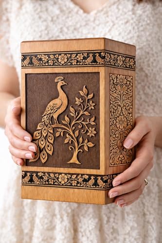 Double Faced urn Peacock Engraved Memorial for Adult Ashes – Decorative Floral Funeral Keepsake Box[Available urn Box in 5 Different Sizes] ((Full Size 14X7.5 600 Cubic INCHES))