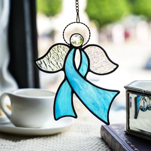 Angel Stained Glass Suncatcher for Window Blue Awareness Ribbon | Angel Stained Glass Suncatcher Blue Awareness Ribbon,Angel Stained Glass Window Hanging,Angels Gifts for Women Mom Grandma ﻿ - color: D
