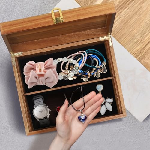 Wooden Keepsake Box, Large Acacia Decorative Storage Boxes | with a Hinged Lid, Memory Treasure Box with Dividers for Crafts and Photo Storage