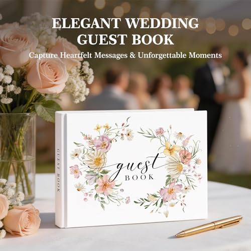 EVERLORIA Wedding Guest Book, Leather Guest Sign in Book, 108 Blank Pages Signature Guestbook for Wedding Reception Bridal Baby Shower Quinceanera Birthday Anniversary Graduation, 9"x7" - color: Floral C