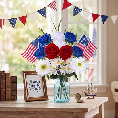 Sggvecsy 2 Pcs Patriotic Artificial Flowers Memorial Bouquet Fake Red Blue Cemetery Flowers with American Flags Roses Daisy for Grave 4th of July Memorial Day Independence Day Veterans Decoration
