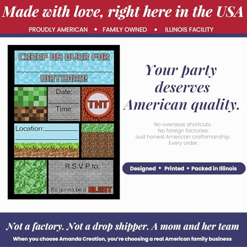 Amanda Creation Pixel Miner Birthday Invitations, 20 Pack 5x7 Fill-In Video Game Birthday Invitations for Boys with White Envelopes, Made in USA - color: Creepy Pixel Miner